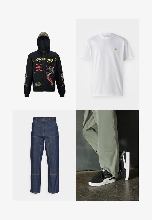 Black zip-up hoodie with a hood, featuring colorful dragon and snake graphics, textured fabric, ribbed cuffs, and logo accents.; White cotton t-shirt with short sleeves, crew neck, featuring a small gold logo on the left chest area. Soft texture and regular fit.; Dark blue denim jeans with a high waist, straight leg design, contrasting stitching, and patch pockets on the front.; Black suede sneakers with white rubber soles and side stripes, paired with light green cargo pants, standing on a textured dark surface.