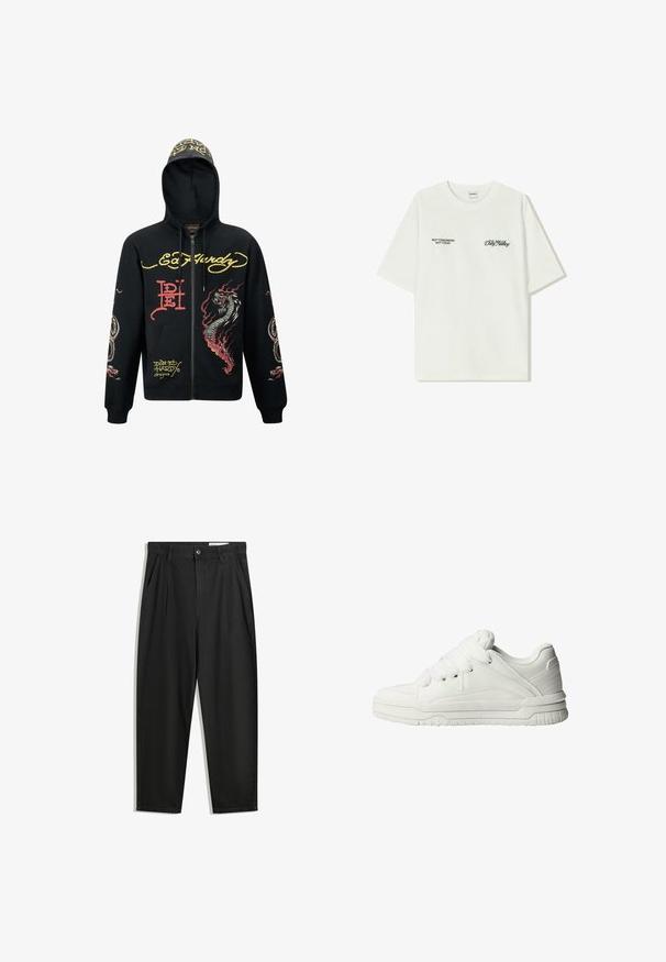 Felpa nera con zip e cappuccio, caratterizzata da grafiche colorate di draghi e serpenti, tessuto testurizzato, polsini a costine e dettagli con logo.; T-shirt bianco in cotone con maniche corte. La parte anteriore presenta testo nero: "NON DOMANI NON OGGI" e "L'ARTE DEL MUOVERE LA POLVERE" in corsivo verde.; Pantaloni in cotone neri con una vestibilità rilassata, dotati di una vita classica, pieghe frontali e tasche laterali. Tessuto liscio senza fantasie.; Sneaker bianche con un esterno in pelle liscia, linguetta imbottita, lacci piatti e accenti testurizzati sui lati e sul tallone.