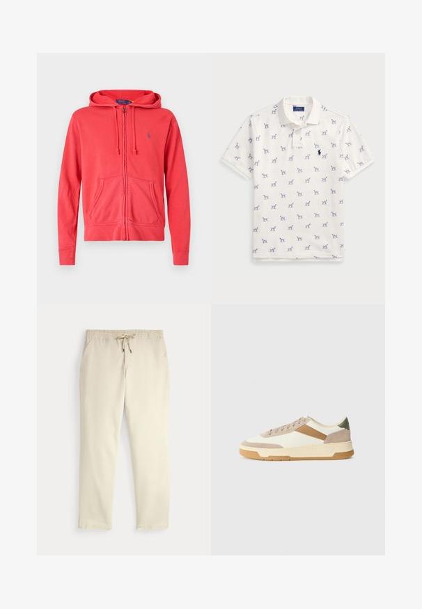 Raudona užtraukiama džemperis, pagamintas iš minkštos medžiagos, su reguliuojamu gobtuvu, priekinėmis kišenėmis ir maža logotipu ant krūtinės. Lygi tekstūra ir laisvalaikio stilius.; Balta polo marškiniai, pagaminti iš medvilnės, su pasikartojančiu mėlynu šunų raštu ir mažuoju mėlynu logotipu ant krūtinės. Trumpomis rankovėmis ir apykakle.; Oficialiai balti kasdieniniai kelnės su elastiniu juosmeniu ir raišteliu, tiesiomis kojomis ir šoninėmis kišenėmis prieš paprastą foną.; Bežiniai, kreminiai ir alyviniai sportbačiai, pagaminti iš zomšos ir odos, su apvaliu pirštu, minimalistiniu dizainu ir guminėmis padangomis.