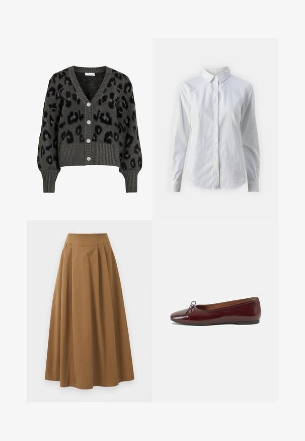 Cardigan gri cu imprimeu leopard, cu decolteu în V, cu manșete și tiv ribbat. Are cinci nasturi strălucitori și un material moale, texturat.; Cămașă albă cu nasturi, confecționată din bumbac neted, având un guler clasic, mâneci lungi și un tiv curbat. Nasturii sunt mici și albi.; Fustă A-line din bumbac maro, cu talie înaltă, având pliseuri pe față și o textură netedă. Marginile sunt finisate curat și simplu.; Balerini din piele patent burgund cu vârful rotund, accent de fundiță mică în față și talpă joasă din cauciuc negru. Textură netedă.