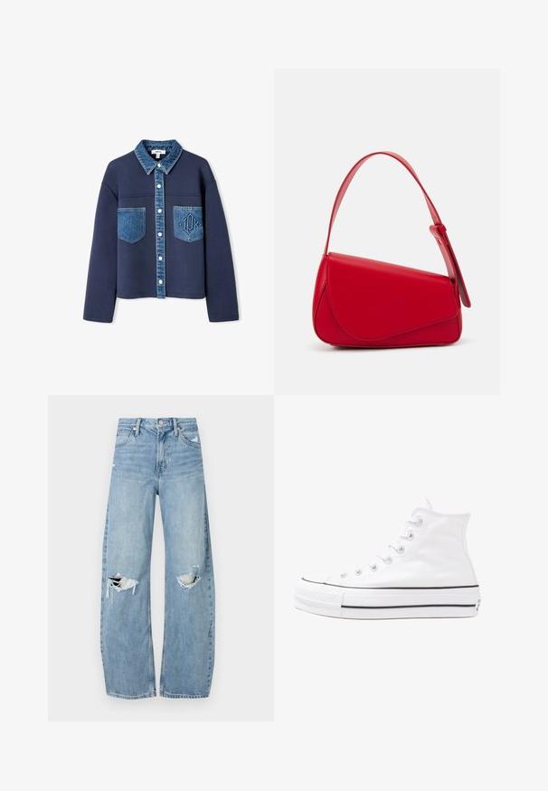 Giacca blu navy con colletto in denim e tasche, con chiusura a bottone, texture di tessuto a contrasto e un logo in rilievo discreto su una tasca.; T-shirt nera oversize con una grafica di un orso e la scritta "NON CARINA MA SELVAGGIA" in grassetto, lettere bianche. Materiale in cotone.; Jeans azzurri chiari a vita alta realizzati in denim. Presentano gambe larghe, due aree strappate sulle ginocchia e il classico styling a cinque tasche.; Sneaker alta in tela bianca con suola in gomma nera, punta in gomma frontale e sei asole per i lacci, caratterizzata da un design pulito e minimalista.; Borsa a tracolla in pelle rossa con un design angolare e geometrico. Presenta una singola tracolla regolabile e una chiusura a patta con dettagli cuciti.