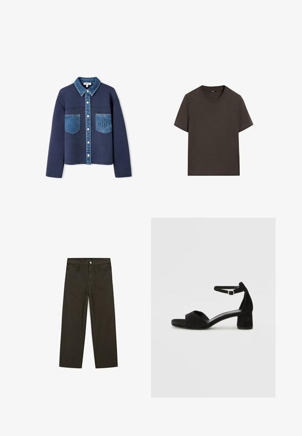 Granatowa kurtka z denimu, z kołnierzem i kieszeniami, zapinana na guziki, z kontrastującymi fakturami tkanin oraz subtelnym wytłoczonym logo na jednej kieszeni.; Czarnobrązowa, krótki rękaw, bawełniana koszulka. Posiada okrągły dekolt i luźny krój, bez widocznych wzorów lub akcentów.; Ciemnozielone spodnie dżinsowe typu wide-leg wykonane z mieszanki bawełny, z zamkiem na guzik z przodu, pięcioma kieszeniami i klasycznym przeszyciem dżinsowym.; Czarne zamszowe sandały na obcasie z cienkim paskiem wokół kostki, otwartym noskiem i skromnym słupkowym obcasem. Gładka faktura i minimalne akcenty.