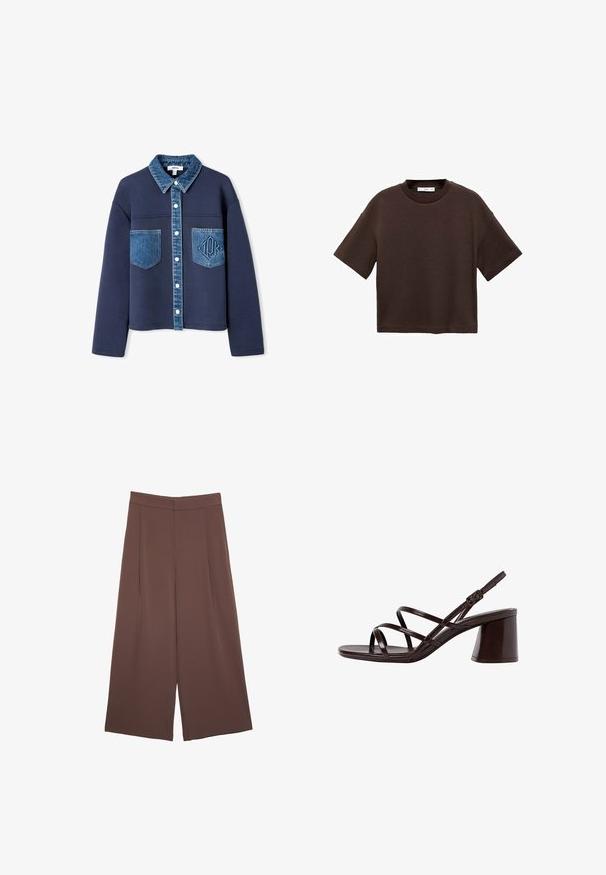 Granatowa kurtka z denimu, z kołnierzem i kieszeniami, zapinana na guziki, z kontrastującymi fakturami tkanin oraz subtelnym wytłoczonym logo na jednej kieszeni.; Brązowa koszulka z krótkim rękawem, wykonana z miękkiej bawełny. Posiada okrągły dekolt i luźny krój, charakteryzuje się gładką fakturą i brakiem widocznych wzorów.; Brązowe spodnie o szerokich nogawkach z gładką fakturą, z wysokim stanem i plisami z przodu. Materiał jest lekki i luźno opada.; Brązowe sandały na wysokim obcasie z grubym obcasem, z gładkim, błyszczącym wykończeniem i wieloma krzyżującymi się paskami na cholewce.