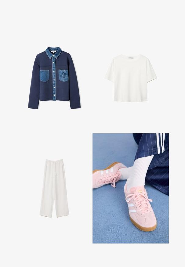 Granatowa kurtka z denimu, z kołnierzem i kieszeniami, zapinana na guziki, z kontrastującymi fakturami tkanin oraz subtelnym wytłoczonym logo na jednej kieszeni.; Biała koszulka z krótkim rękawem, wykonana z bawełny. Posiada okrągły dekolt i luźny krój. Gładka faktura bez widocznych wzorów czy akcentów.; Białe spodnie o szerokich nogawkach wykonane z lekkiego materiału. Posiadają elastyczny pas z sznurkiem i boczne kieszenie. Gładka tekstura.; Jasnoróżowe zamszowe sneakersy z białymi paskami i sznurówkami, z teksturowanym językiem i gumową podeszwą, umieszczone na niebieskim dywaniku.