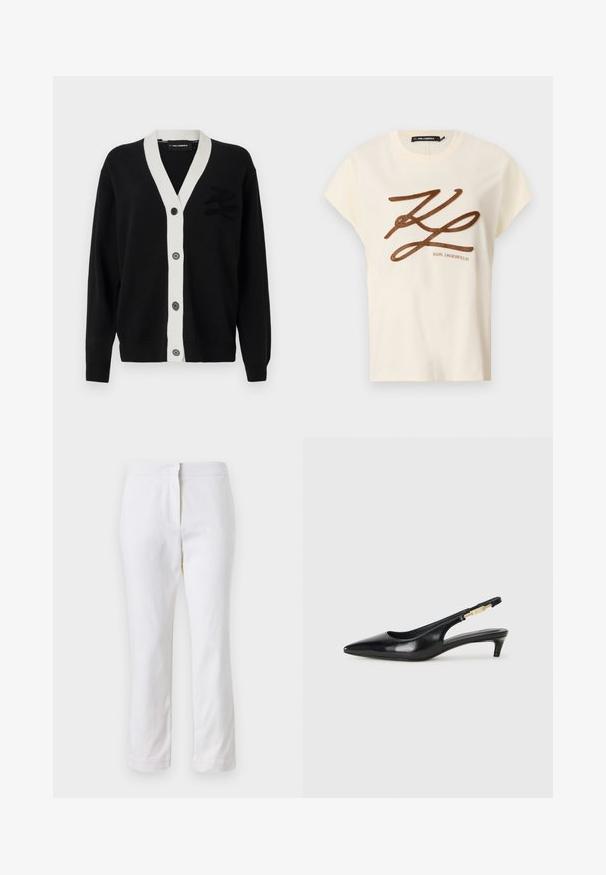 Must koosukas musta värvi kardigan valge V-dekolte trimmi ja viie esipoolse nupuga. Vasakul küljel on tekstuuriline logo. Valmistatud pehmest materjalist.; Kreemivärvi puuvillane t-särk lühikeste varrukatega, mille ees on pruun tikandiga logo ja kirjutis.; Valged puuvillased püksid sirge lõikega, keskmise kõrgusega vöökoht ja ilma nähtavate detailide või mustriteta. Ühtlane sile tekstuur.; Mustad nahast slingback kontsad terava ninaga, millel on õhuke konts ja kuldse tooni aktsent reguleeritaval rihmal. Sile tekstuur.