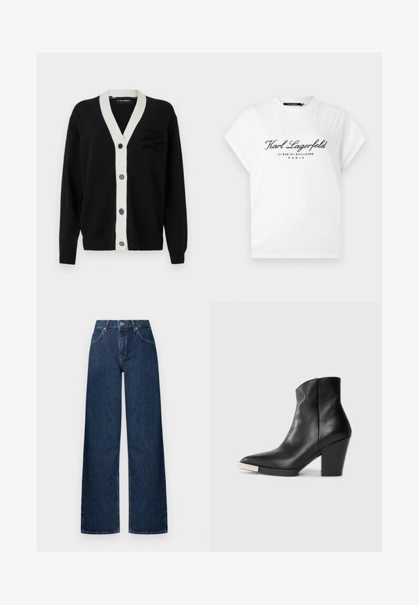 Fekete kardigán fehér V-nyakú díszítéssel és öt elülső gombbal. A bal oldalon textúrázott logó található. Puha anyagból készült.; Fehér rövid ujjú póló fekete "Karl Lagerfeld 21 Rue St-Guillaume Paris" felirattal az elején, kerek nyakkivágással.; Sötét farmerből készült, bőszárú farmernadrág. Klasszikus öt zsebes kialakítással, gombos záródással és enyhe kopással a térd környékén.; Fekete bőrből készült boka csizma hegyes orral, magas blokk sarkal és ezüst színű orrvezető részlettel. Simaság és egyszerű dizájn jellemzi.