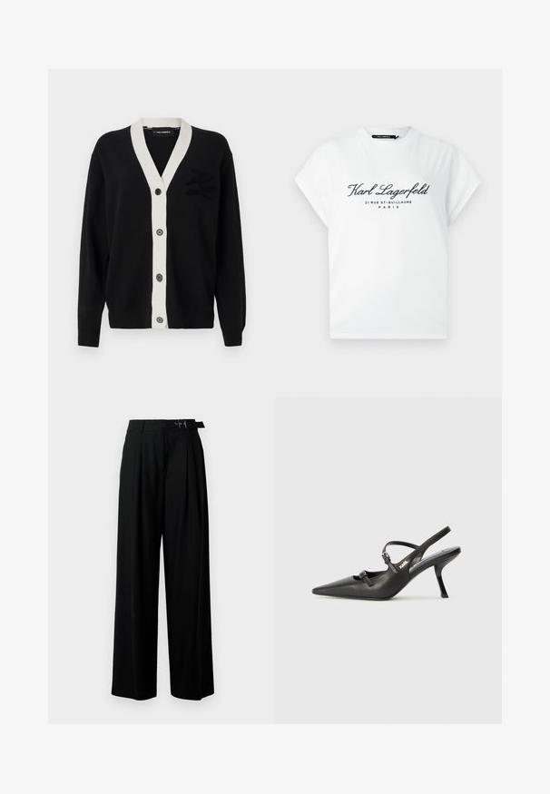 Črn kardigan z belim V-izrezom in petimi sprednjimi gumbi. Ima teksturiran logotip na levi strani. Narejen je iz mehkega materiala.; Bela kratka majica s črnimi napisi "Karl Lagerfeld 21 Rue St-Guillaume Paris" na sprednji strani, z okroglim ovratnikom.; Črne široke hlače z visokim pasom, gubami spredaj in pasom z zaponko. Narejene so iz gladkega, lahkega materiala.; Črne usnjene sandale na peto s koničastim nosom, vitko peto in okrasno zaponko na sprednjem delu. Gladka tekstura in eleganten dizajn.