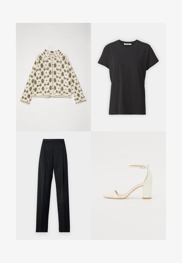 Casaco de croché com um padrão floral em branco sobre um fundo verde-oliva escuro, com gola e fecho frontal com botões.; T-shirt de algodão preta com decote redondo clássico, mangas curtas e um corte descontraído. Textura suave, sem padrões ou detalhes visíveis.; Calças pretas feitas de um tecido suave, com uma cintura alta, pernas largas, pregas frontais e passadores de cinto clássicos. Não há bolsos laterais visíveis.; Sandal de bloco em pele branca, apresentando uma correia no tornozelo com fivela e um design minimalista. Com biqueira aberta e texturas suaves ao longo de toda a peça.