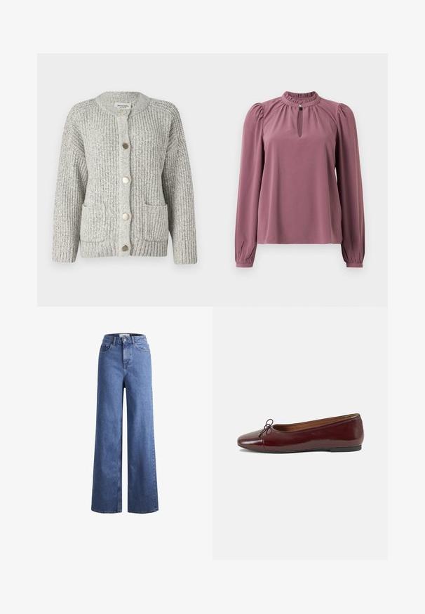 Abercrombie & Fitch Relaxed Hardware Crew Cardigan - Strickjacke - light snowy; Langärmlige mauve Bluse mit gerafftem Kragen, Schlüsselloch-Ausschnitt mit Knopfverschluss und leicht gepufften Schultern.; Helleblaue Denim-Weite-Leg-Jeans mit hoher Taille, zwei vorderen Taschen und sichtbarer Naht. Mit Knopf- und Reißverschluss.; Burgunderfarbenes, lackiertes Ballettschuh mit abgerundetem Zehenbereich, kleiner Schleifenakzent vorne und einer niedrigen, schwarzen Gummisohle. Glatte Textur.