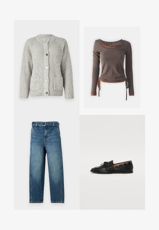 Abercrombie & Fitch Relaxed Hardware Crew Cardigan - Cardigan - light snowy; Brown long-sleeve top with a scooped neckline, featuring a ruched design tied at the waist and contrasting brown accents at the cuffs and hem.; Blue denim jeans with a high waist, wide legs, and a belt-loop with a metal ring. Features fading and subtle whiskering on the fabric.; Black leather loafers with a tied bow, featuring gold eyelet accents along the sides and a flat rubber sole. Smooth texture, classic design.