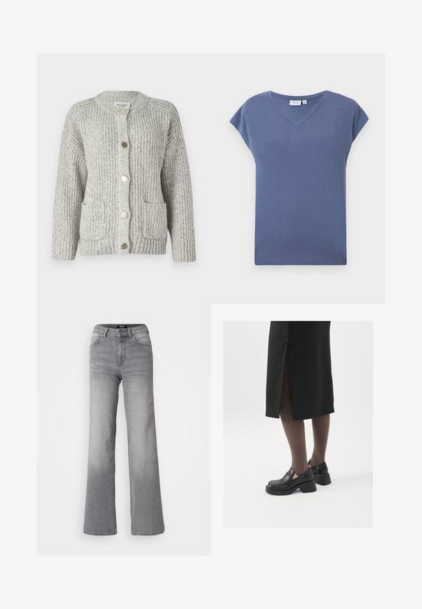 Abercrombie & Fitch - Kardigan; T-shirt z dekoltem w serek, krótki rękaw w stonowanym niebieskim kolorze, wykonany z miękkiej bawełny o gładkiej fakturze i luźnym kroju.; Szare dżinsy o prostym kroju i wysokim stanie, z przodu zapinane na guzik i zamek, z kieszeniami z przodu i z tyłu oraz z wyblakłym odcieniem na udach i łydkach.; Czarne skórzane buty z okrągłym noskiem, grubym blokowym obcasem i elastycznymi akcentami po bokach, zestawione z ciemnymi rajstopami i czarną spódnicą z rozcięciem.