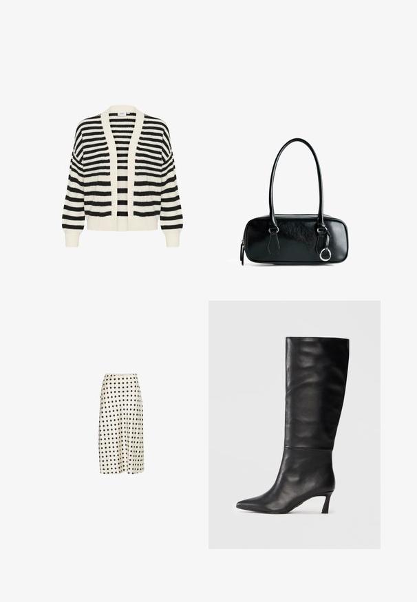 Randig kofta med svart-och-vita horisontella ränder, öppen front och ribbade muddar och nederkant. Tillverkad av mjukt, strukturerat stickat material.; Svart långärmad topp i mjukt tyg. Har en djup V-ringning med vågig spetskant och en figurnära siluett. Inga synliga mönster.; Midi-kjol i slät tyg i off-white med stora svarta prickar, med en utsvängd silhuett och en bekväm midjeresår.; Svarta läderknähöga stövlar med spetsig tå och smal klack. Slät struktur med sömlös design och polerad finish.; Svart läderhandväska med rektangulär form, jämn textur, två handtag och silverfärgade detaljer. Har dragkedjestängning och sömnadsdetaljer.