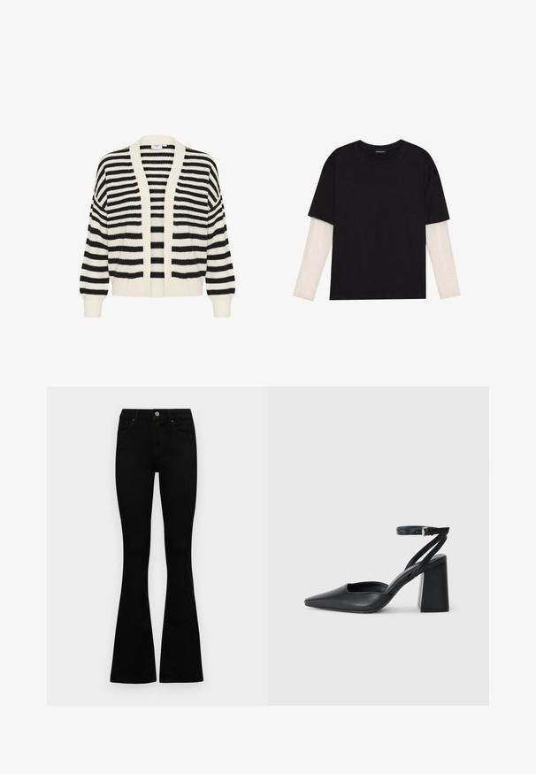 Csíkos kardigán fekete és fehér vízszintes csíkokkal, nyitott elülső résszel, bordás mandzsettákkal és hemel. Puha, texturált kötött anyagból készült.; Fekete pamut póló, rövid ujjal, fehér hosszú ujjú réteg fölött, finom textúrával. Kerek nyakkivágású dizájn.; Fekete, magas derekú farmernadrág gomb- és cipzárzárral, elülső zsebekkel és harangszárral, laposan egy fehér háttérre terítve.; Fekete bőr, hegyes orrú magassarkú cipő boka pánttal és vastag sarokkal. Sima textúra, elegáns dizájn és minimális esztétika.