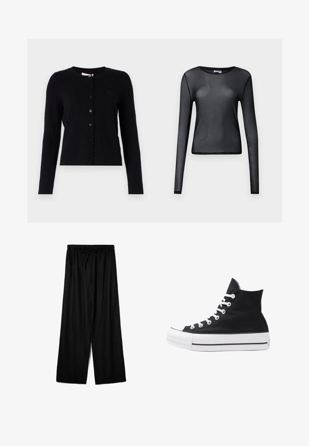 Black cardigan made of soft knit material, featuring a round neck, long sleeves, and buttons down the front. Subtle logo on the chest.; Black long-sleeve top made of sheer material, featuring a round neckline and a slim fit, with finely edged hems.; Black wide-leg pants made from lightweight fabric, featuring an elastic waistband with a drawstring for adjustable fit. Smooth texture.; High-top black canvas sneaker with white eyelets, laces, and rubber sole. Features a textured toe cap and black and white stripe accents.