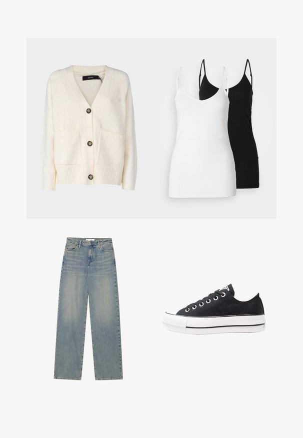 Vero Moda Tall VMBOOM - Vesta na kopčanje - birch; Dva ženska topa bez rukava: jedan bijeli i jedan crni, izrađeni od mekog materijala, s tankim naramenicama i dubokim V-izrezom.; Svijetloplave traperice visokog struka ravnog kroja s prednjim džepovima, petljama za remen i vidljivim dugmetom i zatvorom na patentni zatvarač.; Crne platnene tenisice s bijelim gumenim potplatom, okruglim vrhom, niskim dizajnom, metalnim rupicama i teksturiranim vrhom. Tanka crna pruga uz potplat.