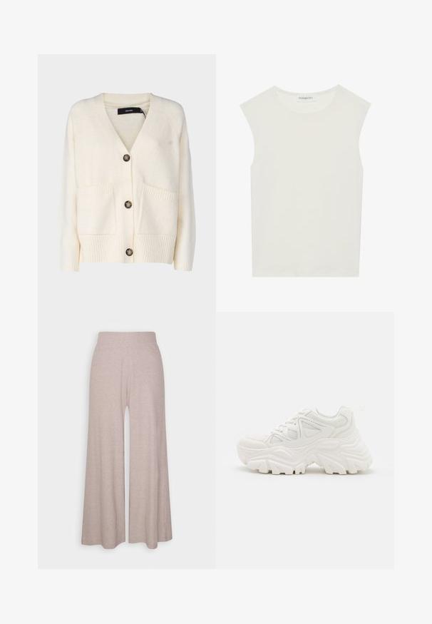 Vero Moda Tall VMBOOM - Kardigán - birch; Biely bezrukávový top s okrúhlym výstrihom. Vyrobený z hladkého materiálu, má uvoľnený strih a minimalistický dizajn. Žiadne vzory alebo akcenty.; Svetlo šedé široké nohavice vyrobené z mäkkej ribovaného materiálu, s vysokým pásom a dlhými nohami s jemnou textúrou.; Biele robustné tenisky s textúrovaným zvrškom, sieťovinovými panelmi a hrubými gumovými podrážkami s výrazným vzorom. Šnúrky a pútko na vytiahnutie sú súčasťou.