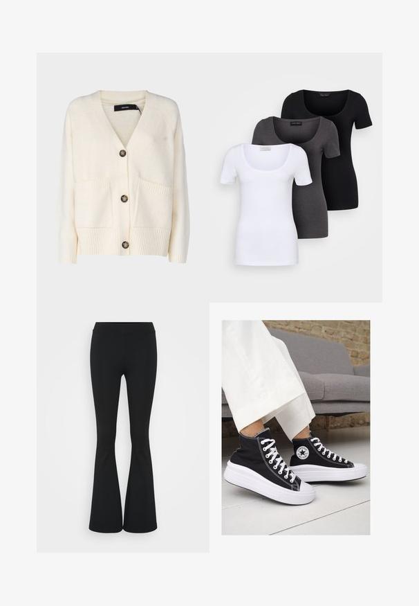 Vero Moda Tall VMBOOM beżowy; Trzy dopasowane koszulki w kolorze białym, szarym i czarnym. Każda z nich ma szeroki dekolt w serek i krótkie rękawy. Wykonana z gładkiego, elastycznego materiału.; Czarne spódnice dzwonowe wykonane z elastycznego materiału, z wysokim stanem i gładką fakturą. Spodnie rozszerzają się od kolana.; Czarne trampki typu high-top z białą gumową podeszwą i sznurowadłami. Posiadają okrągłe logo z boku oraz kontrastujące białe szwy.