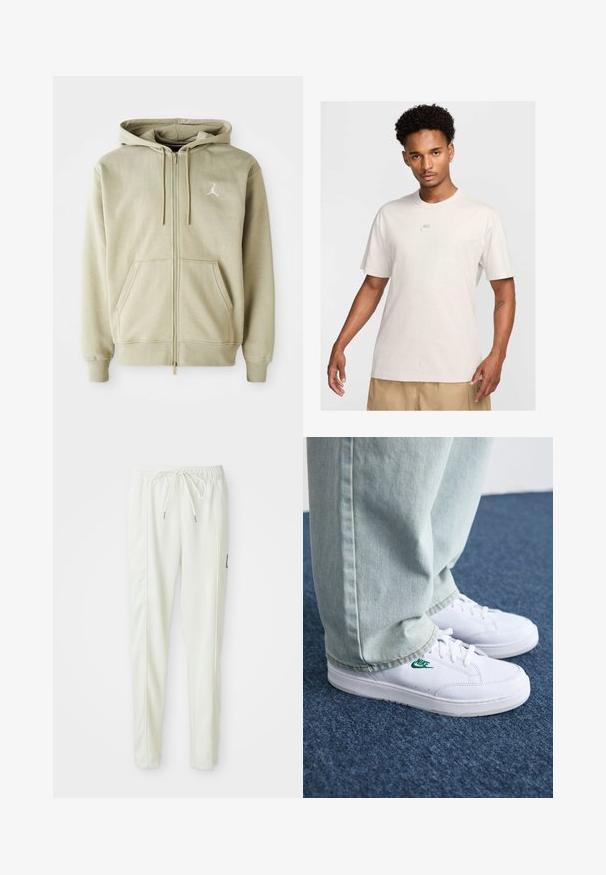 Hanorac cu fermoar de culoare bej deschis, cu o textură moale, buzunare pentru mâini de tip kangaroo, șnururi, și un mic logo alb pe partea stângă a pieptului.; Bărbat cu păr scurt și creț poartă un tricou bej Nike și pantaloni scurți khaki, privindu-se înainte, împotriva unui fundal simplu de culoare deschisă.; Pantaloni jogger slim-fit albi, cu talie elastică și șnur, cu detalii pe cusătura laterală și o mică etichetă neagră pe piciorul din dreapta.; Adidași din piele albă cu logo-ul Nike verde, vârf rotund, talpă plată, asortați cu pantaloni din denim bleu deschis, prezentați pe un covor albastru.