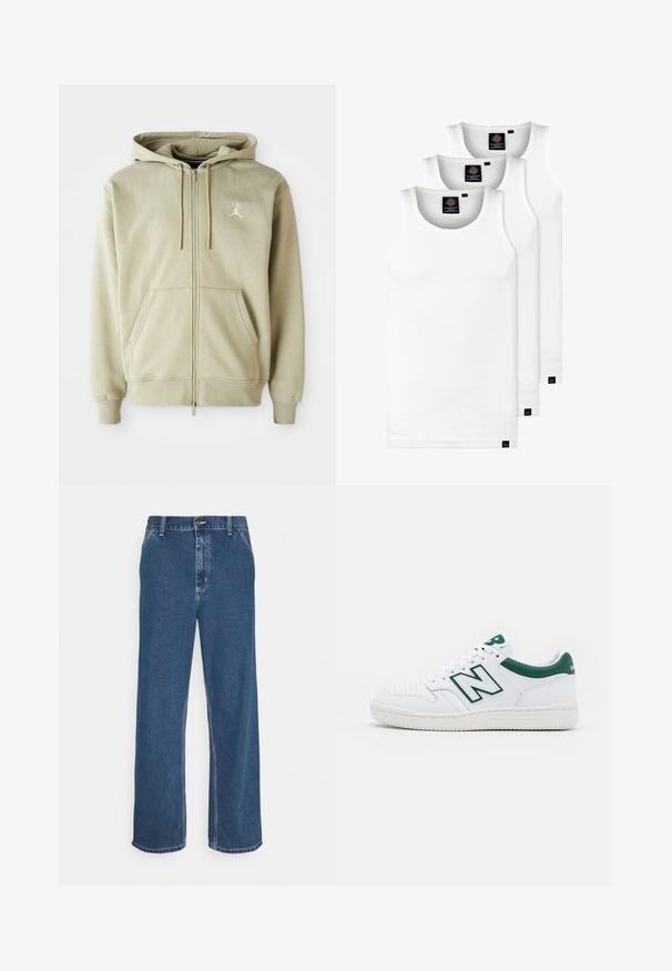 Lichte beige zip-up hoodie met een zachte textuur, kangoeroezakken, trekkoorden en een klein wit logo op de linkerborst.; Drie witte geribde tanktops van katoen. Kenmerken zijn een ronde hals en kleine zwarte labels nabij de zoom. Verkrijgbaar in meerdere maten.; Blauwe spijkerbroek met een rechte snit, vijf-pocket ontwerp, metalen knoopsluiting en zichtbare stiksels langs de naden en de zoom.; Witte sneaker met groene accenten, leren bovenwerk, geperforeerde teen, vetersluiting en gestructureerde rubberen zool. Heeft een prominent "N"-logo.