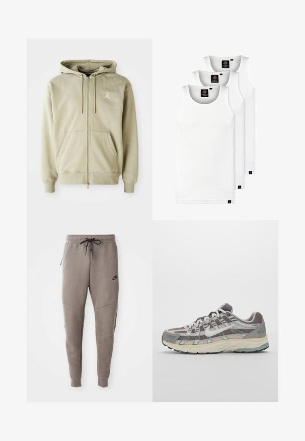 Mikina na zip v světle béžové barvě, s měkkou texturou, klokankovými kapsami, šňůrkami a malým bílým logem na levé části hrudi.; Tři bílé žebrované tílka vyrobené z bavlny. Mají kulatý výstřih a malé černé štítky poblíž lemu. Dostupné v několika velikostech.; Šedé Nike tepláky s elastickým pasem na šňůrku, zúženými nohavicemi, bočními kapsami a charakteristickým švem. Měkká, strukturovaná tkanina.; Šedá sportovní obuv s vrchní částí z mikrovlákna a semiše, bílými akcenty, polstrovanou podrážkou a jedinečným designem s reflexními prvky.