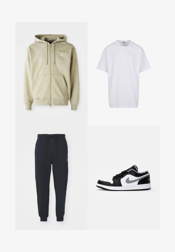 Zip-up kapuca v svetlo bež barvi, ki se ponaša z mehkimi teksturami, kenguru žepi, vrvicami in majhnim belim logotipom na levem prsnem delu.; Bela bombažna majica s kratkimi rokavi, okroglim izrezom, sproščenim krojem in brez vidnih logotipov ali vzorcev. Gladka tekstura in minimalen dizajn.; Črne trenirke iz mehkega materiala, z elastičnim pasom in vrvico, naborki na robovih in manjšim logotipom na levi stegn.; Jordan AIR JORDAN 1 LOW - Športni copati - black/particle grey-white