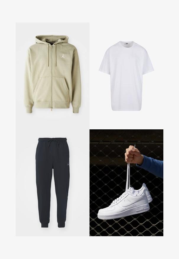 Zip-up dukserica u svijetlo bež boji, s mekanom teksturom, kengur džepovima, šnurama i malim bijelim logotipom na lijevoj strani prsnog koša.; Bijela pamučna majica s kratkim rukavima, zaobljenim izrezom, opuštenog kroja, bez vidljivih logotipa ili uzoraka. Glatka tekstura i minimalni dizajn.; Crne trenerke od mekog materijala, sa elastičnim pojasom i uzicom, rebrastim manžetama i malim logotipom na lijevom bedru.; Bijele kožne tenisice s perforacijama, okruglim vrhom, ravnim potplatom i debelim vezicama, s vidljivim swoosh logom i natpisom "AIR" na peti.