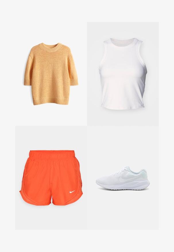 Kurzärmeliger Strickpullover in hellgelb. Mit einem gerippten Kragen und Saum sowie einer strukturierten, lockeren Webart.; Weißes ärmelloses Croptop aus glattem, dehnbarem Stoff. Besitzt einen runden Ausschnitt und dezente Nähte entlang der Kanten.; Orange Sportshorts mit einem elastischen Bund, seitlichen Schlitzen und einem weißen Nike-Logo auf der Vorderseite. Hergestellt aus einem glatten, leichten Stoff.; Weiße Sportschuhe mit einem Mesh-Obermaterial, strukturiertem Design, abgerundeter Spitze, gepolstertem Kragen und hellblauen Akzenten an der Ferse. Gummisohle.