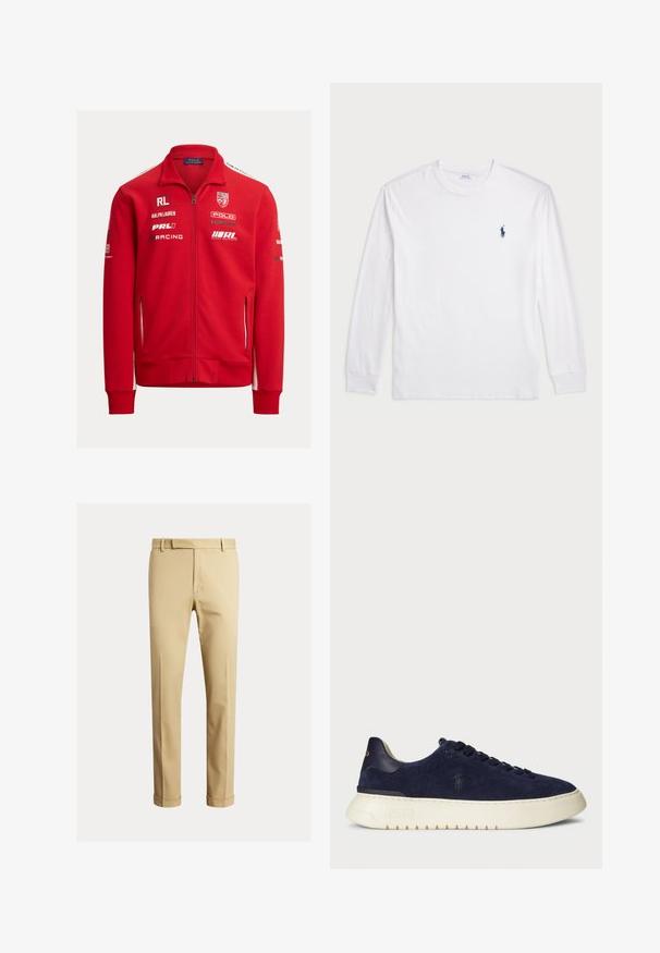 Rød zip-genser med høy krage. Laget av mykt materiale, har hvite detaljer, flere logoer, og sidelommer med glidelås.; Hvit langermet T-skjorte laget av bomull. Har rund hals, ribbestrikkede mansjetter, og en liten marineblå polo-logo på venstre bryst.; Kaki chinos laget av glatt bomullsstoff, med en tettsittende design, frontplisseringer og mansjetter ved ankelen for en smalere look.; Marineblå semsket lavsko med en teksturert overflate, gummisåle og tonede snører, med en liten logo på siden og hælen.