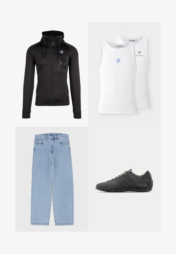 Hanorac negru cu fermoar, fabricat dintr-un material moale, cu un design ajustat. Are un guler înalt, șnururi reglabile și o buzunar cu fermoar pe piept.; Două topuri albe fără mâneci, cu textură in relief, având logo-uri brodate în albastru și verde. Unul are un design cu soare, iar celălalt cu palmier.; Jeans din denim de culoare albastru deschis, cu un design cu picioare drepte, având talie medie, cinci buzunare și un sistem de închidere cu nasture și fermoar.; adidas Originals ADIRACER UNISEX - Sneakers low - core black/cream white