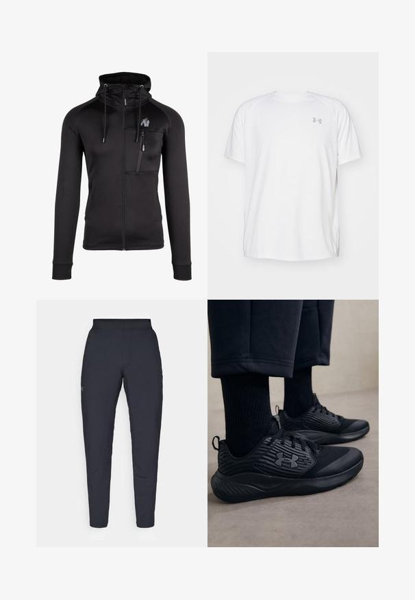 Zwarte zip-up hoodie gemaakt van zachte stof met een getailleerd ontwerp. Heeft een hoge kraag, verstelbare trekkoorden en een ritszak op de borst.; Witte sportieve T-shirt met korte mouwen, gemaakt van gladde stof. Heeft een ronde hals en een grijs logo op de linkerkant van de borst, met zijsplitten aan de zoom.; Zwarte sportbroeken met een gladde textuur, slanke pasvorm, elastische tailleband en zijzakken. Bevat een klein logo op het linkerdij.; Persoon in zwarte sport sneakers met gestructureerde zijkanten en logo, gecombineerd met zwarte sokken en cropped broek op een lichte vloer.