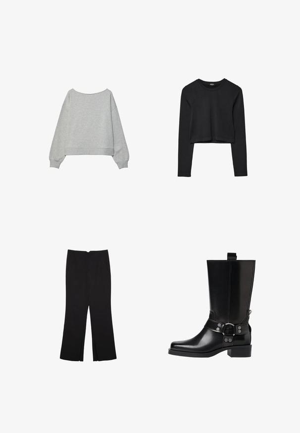 Harmaa lyhyt huppari, jossa on pitkät hihat, leveä kaula-aukko, ribattu hihansuu ja helma. Valmistettu pehmeästä puuvillaseoksesta, joka on sileäpintaista.; Mustat pitkät hihat lyhyt toppi, jossa on pyöreä kaula-aukko, yksinkertainen muotoilu ja hieman kaareva helma.; Mustat housut suoralinjaisella leikkauksella, joissa on etutaskut ja sivurei'ät helman alla. Valmistettu pehmeästä ja sileästä kankaasta. Sopii eri tilaisuuksiin.; Musta nahkasaapas polven yläpuolelle, jossa on terävä kärki, hopeiset solkiyksityiskohdat ja paksu korko. Varustettu vetotapilla helppoa pukemista varten.