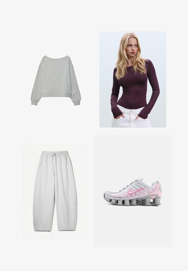 Šedý zkrácený svetr s dlouhými rukávy, širokým výstřihem, žebrovanými manžetami a lemem. Vyrobeno z měkké směsi bavlny s hladkým povrchem.; Burgundské dlouhé rukávy fitted top s kulatým výstřihem a otvory na palce, doplněné bílými kalhotami s vysokým pasem. Hladká tkanina a elastický texture.; Šedé tepláky s uvolněným střihem, elastickým pasem, šňůrkou a bočními kapsami; vyrobeny z měkké, strukturované tkaniny.; Sportovní obuv Nike v bílé a světle růžové barvě. Má síťovaný svršek a charakteristickou zakřivenou podrážku s viditelným vzduchovým polstrováním.
