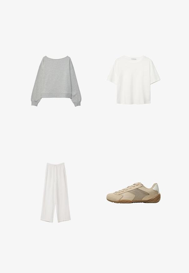 Grauer, kürzer geschnittener Sweatshirt mit langen Ärmeln, weiter Ausschnitt, gerippten Bündchen und Saum. Aus einem weichen Baumwollmix mit glatter Textur hergestellt.; Weißes T-Shirt mit kurzen Ärmeln aus Baumwolle. Hat einen Rundhalsausschnitt und eine lockere Passform. Glatte Textur ohne sichtbare Muster oder Akzente.; Weiße weit geschnittene Hose aus leichtem Stoff. Mit einem elastischen Bund und Kordelzug sowie Seitentaschen. Glatte Textur.; Beige Sportschuh mit Obermaterial aus Wildleder und Mesh, strukturiertem Gummisohle und flachen Schnürsenkeln. Glatte Akzente an der Ferse mit einem abgerundeten Zehendesign.