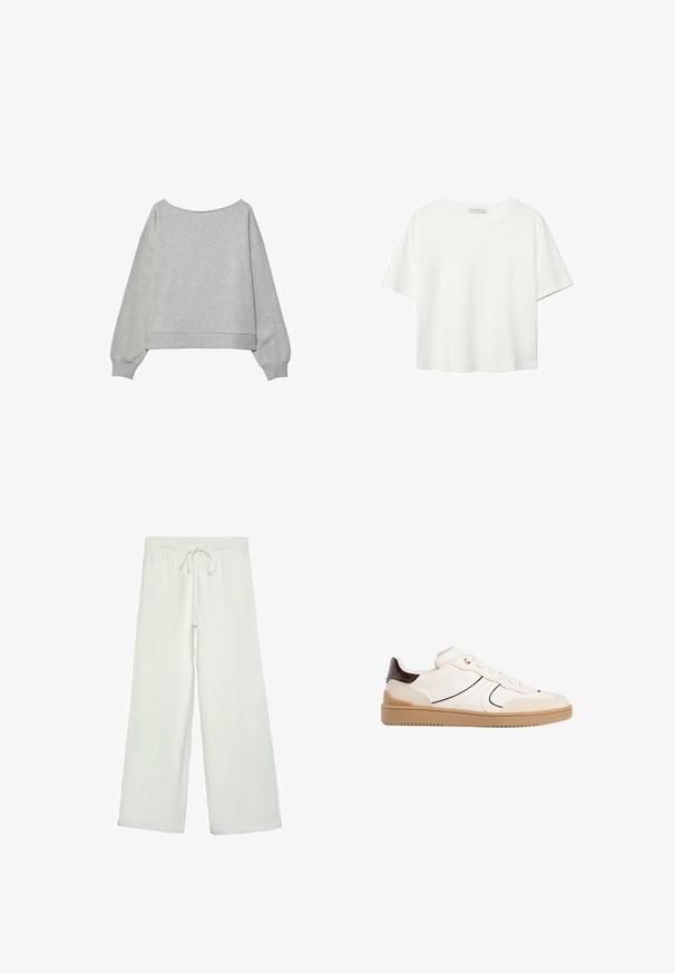 Grå cropped sweatshirt med lange ærmer, bred halsudskæring, ribbede manchetter og bund. Fremstillet af blødt bomuldsblanding med en glat tekstur.; Hvid kortærmet t-shirt lavet af bomuld. Har en rund halsudskæring og en afslappet pasform. Glat tekstur uden synlige mønstre eller detaljer.; Hvide bukser med bred ejer lavet af blødt stof. Har en elastisk talje med snor og en glat tekstur. Ingen synlige mønstre eller hardware.; Stradivarius Sneakers - white