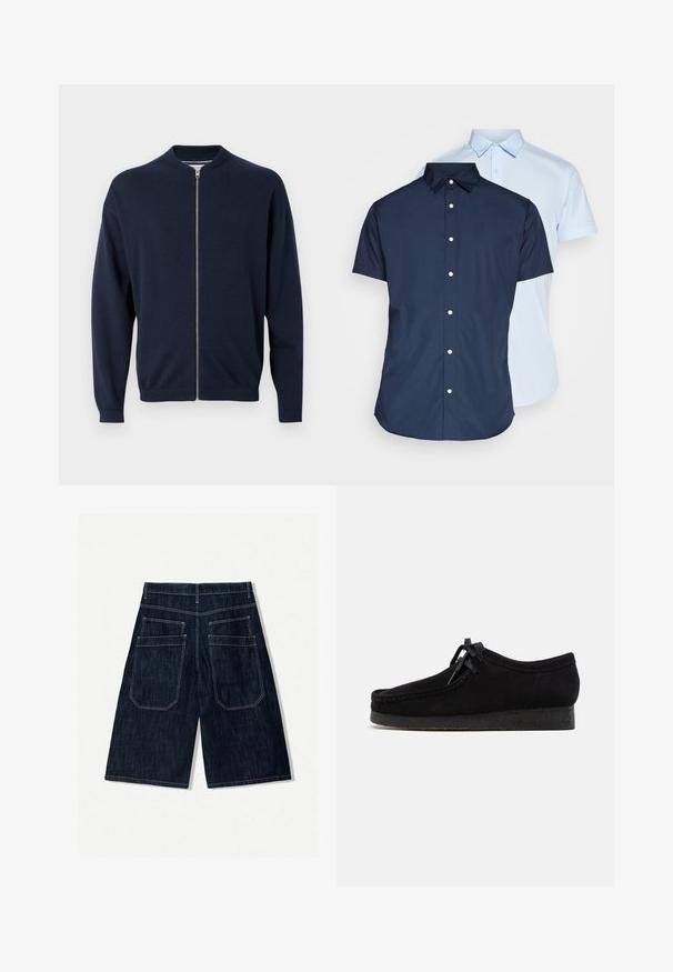 Navy blue zip-up cardigan made from a soft knit fabric. Features a high collar, ribbed cuffs, and a straight cut design.; Short-sleeve button-up shirts, one navy and one light blue, featuring collars, a front placket, and smooth fabric texture.; Dark blue denim shorts with a loose fit, featuring two back pockets, contrast stitching, and a straight leg design.; Black suede shoes with a rounded toe design, a lace-up front, and a textured black rubber sole. Smooth upper with subtle stitching detail.
