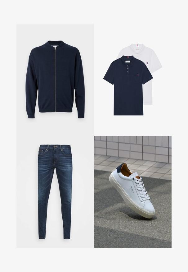 Granatowy kardigan zapinany na zamek wykonany z miękkiej dzianiny. Posiada wysoki kołnierz, ściągacze na mankietach oraz prosty fason.; Dwa koszulki polo: jedna granatowa, a druga biała, obie z małym akcentem w kolorach czerwonym, białym i niebieskim na kieszeni na piersi oraz kołnierzyku.; Granatowe dżinsy o slim fit, delikatnym wyblaknięciu, pięciu kieszeniach i metalowym zapięciem. Haftowane akcenty w kontrastowym kolorze.; Białe skórzane trampki z granatowym piętkiem, okrągłym noskiem i kontrastowymi brązowymi akcentami. Posiadają płaskie sznurówki i teksturowaną gumową podeszwę.