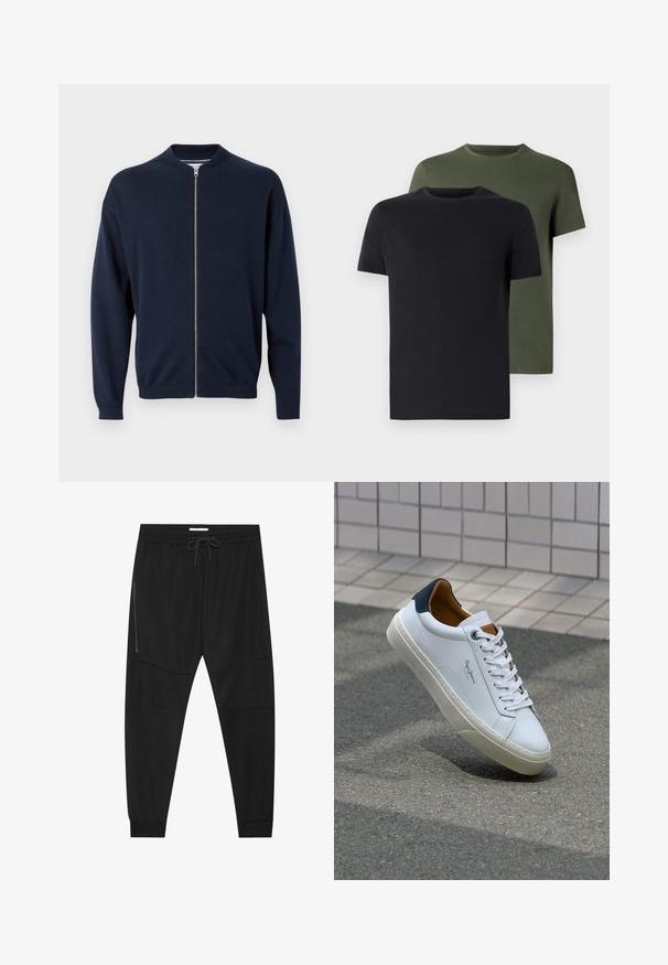 Navy modrá zipová mikina vyrobená z jemného pleteného materiálu. Má vysoký golier, rebrované manžety a rovný strih.; Dvé tričká s okrúhlym výstrihom v čiernej a olivovej zelenej farbe, vyrobené z mäkkej bavlnenej látky. Dizajn je jednoduchý s krátkymi rukávmi a rovný strih.; Čierne športové nohavice z texturovanej tkaniny, so nastaviteľným pásom, bočným vreckom na zips a zúženými manžetami.; Biele kožené tenisky s námorníckym opätkom, okrúhlou špičkou a kontrastnými hnedými akcentami. Majú ploché šnúrky a textúrovanú gumovú podrážku.