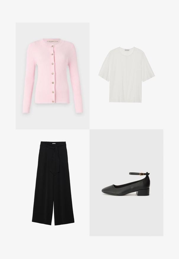 Pink ribbed cardigan with long sleeves, round neckline, and six decorative gold buttons down the front. Soft texture, slim fit.; White short-sleeve t-shirt made of soft fabric. Features a rounded neckline and a slightly boxy shape. Smooth texture, minimal detailing.; Black wide-leg pants featuring a textured fabric, an elastic waistband, and a detachable sash tie at the waist for adjustable fit.; Black leather pump with a pointed toe and a low block heel. Features an ankle strap with a gold-tone buckle. Smooth texture.