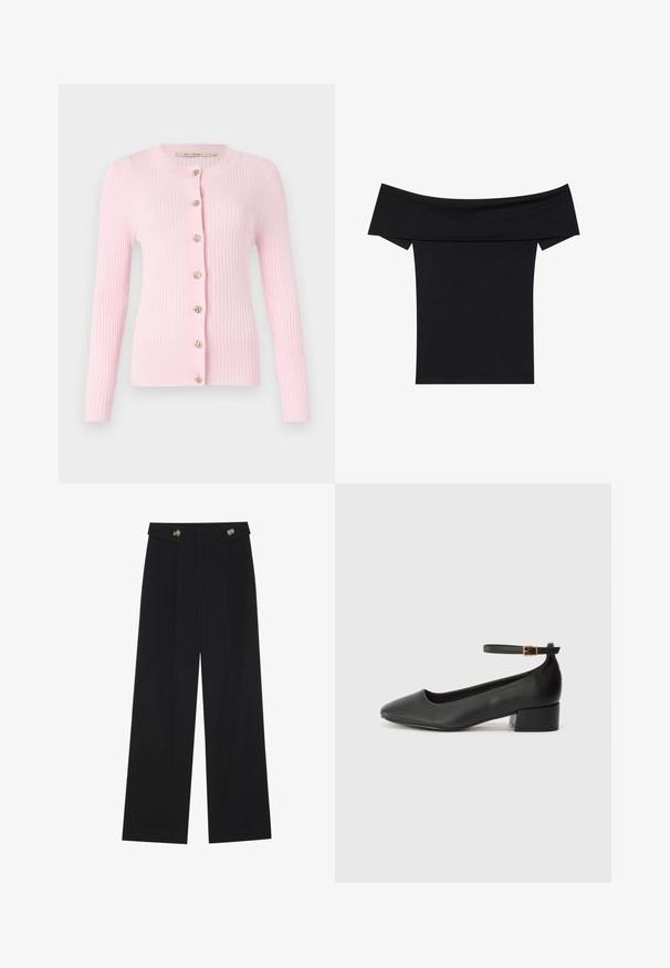 Ροζ ριγωτό κασκόλ με μακριά μανίκια, στρογγυλή λαιμόκοψη και έξι διακοσμητικά χρυσά κουμπιά μπροστά. Μαλακή υφή, εφαρμοστή γραμμή.; Μαύρο τοπ με ανοιχτούς ώμους, κατασκευασμένο από μαλακό ελαστικό ύφασμα. Διαθέτει κοντά μανίκια και κοντή σιλουέτα. Απλός, χωρίς ραφές σχεδιασμός.; Μαύρο παντελόνι φόρμας σε φαρδιά γραμμή με ψηλή μέση, κουμπιά στη μέση και πλαϊνές τσέπες.; Μαύρο δερμάτινο τακούνι με μυτερή μύτη και χαμηλό τετράγωνο τακούνι. Διαθέτει λουράκι στον αστράγαλο με χρυσό τόνο πόρπη. Λείο υφή.
