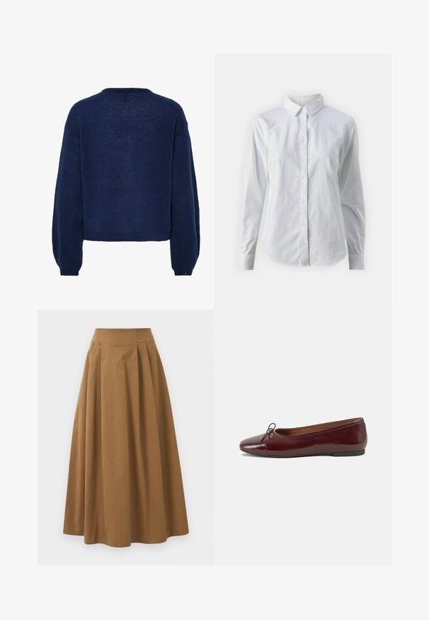 Ναυτικό μπλε πλεκτό πουλόβερ με υφή, χαλαρή εφαρμογή και χαμηλούς ώμους. Διαθέτει στρογγυλή λαιμόκοψη και ριμπ μανσέτες.; Λευκή πουκαμίσα με κουμπιά, φτιαγμένη από λείο βαμβάκι, με κλασικό γιακά, μακριά μανίκια και καμπυλωτό στρίφωμα. Τα κουμπιά είναι μικρά και λευκά.; Καφέ βαμβακερή φούστα Α-γραμμής με ψηλή μέση, που διαθέτει πτυχές μπροστά και λεία υφή. Οι τελειώματα στο στρίφωμα είναι καθαρά και απλά.; Μπορντό παρθένα δερμάτινα μπαλαρίνες με στρογγυλή μύτη, μικρή διακόσμηση φιόγκου στο μπροστινό μέρος και χαμηλή, μαύρη καουτσούκ σόλα. Λείος υφής.