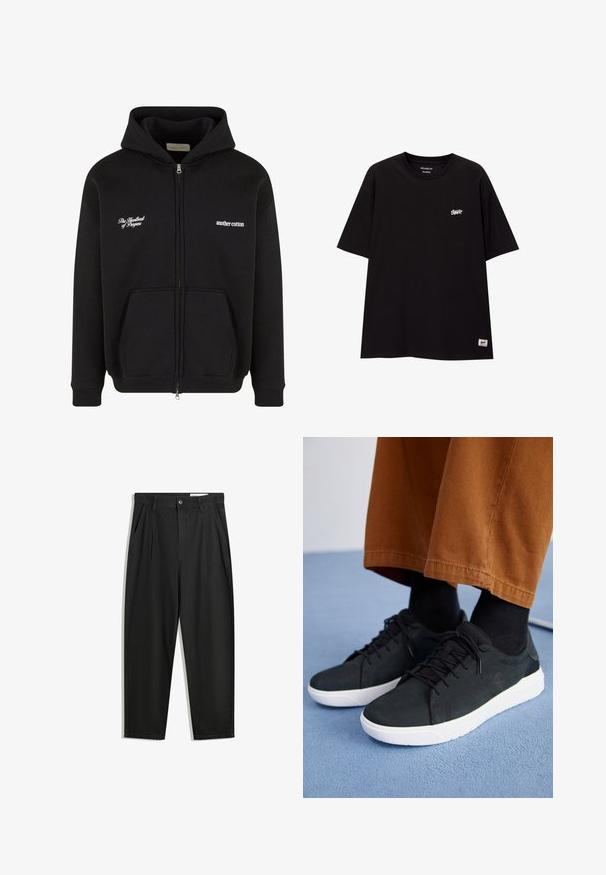 Fekete cipzáras kapucnis pulóver, pamutból készült. Elülső zsebe, bordázott ujjak, valamint két fehér hímzett felirat található a mellen.; Fekete, laza szabású pamut póló, rövid ujjakkal. Az elején egy kis fehér logó található, valamint egy címke az alsó szegélyen.; Fekete pamut nadrág laza szabással, klasszikus derékrésszel, elülső hajtásokkal és oldalsó zsebekkel. Simább textúra minta nélkül.; Fekete velúrbőr sneaker fehér gumitalppal, fűzős dizájnnal, texturált részletekkel és diszkrét márkázással, barna nadrággal párosítva.