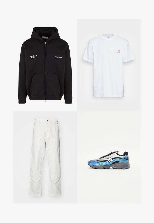 Fekete cipzáras kapucnis pulóver, pamutból készült. Elülső zsebe, bordázott ujjak, valamint két fehér hímzett felirat található a mellen.; Fehér pamut póló rövid ujjakkal. A bal mellet egy kis narancssárga és bordó logó díszíti. Klasszikus kerek nyakkivágással rendelkezik.; Fehér pamut cargo nadrág, laza szabású. Jellemzői közé tartozik az elülső zsebek, az arany színű fémalkatrészek és a megerősített térd részek.; Kék és ezüst sportcipő, hálós és szintetikus anyagokkal, vastag szürke talppal és jellegzetes fekete akcentussal. A 1000-es modellszám látható.