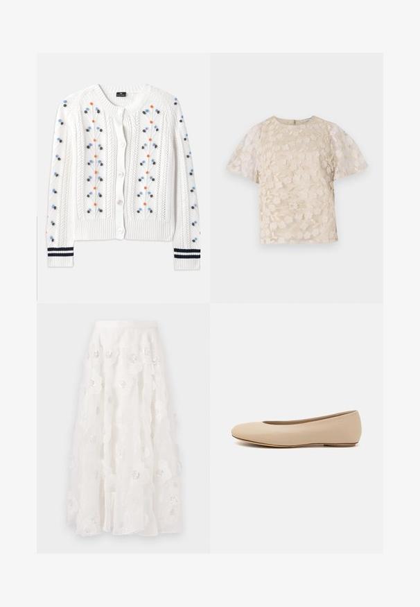 Valge kudumisega kardigan, millel on mitmevärviline lilleline tikand, ribitud äär ja mansetid tumesiniste triipudega ning nööbiga sulgemine.; Beez pluus lilleline tikand, läbipaistvad puffvarrukad, ümmargune kaelus ja tagumine lukuga sulgemine. Tekstureeritud lillemustriga esitahvel.; Valge, põlvepikkune seelik lilleklappide ja hõbedaste sädelustega. Kerge, voolav kangas rüseladega ning sobiva räätsiga.; Beeži nahk balletitossud ümarate varvastega, minimaalse õmbluse detailiga, madala kanna ja diskreetse logoga taga. Sile, mati tekstuur.