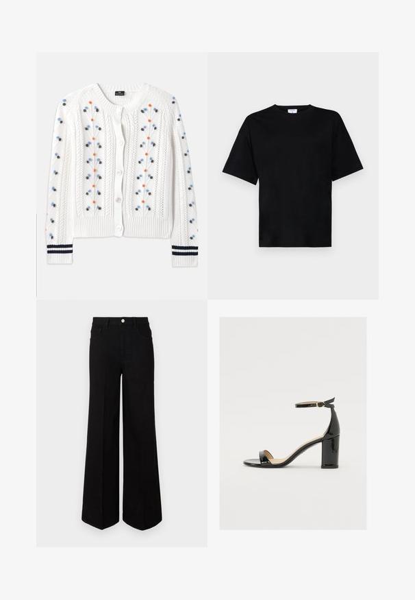 Bela pletena jakna z večbarvnimi cvetličnimi vezeninami, z ribastim robom in manšetami z mornarskimi črtami ter gumbom za zapiranje.; Črna majica s kratkimi rokavi, sproščenega kroja, narejena iz mehkega materiala, z okroglim izrezom in brez vidnih vzorcev ali okraskov.; Črne široke kavbojke iz trpežnega materiala, z visokim pasom, sprednjimi žepi in sprednjim gumbom. Raven rob na dnu.; Črne patentirane sandale s široko peto, odprtim prstom in trakovi okoli gležnja, ki imajo zlat zajemalec. Gladka tekstura in eleganten dizajn.