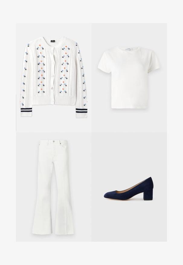 Cardigan tricotado branco com bordados florais multicoloridos, apresentando uma bainha e punhos canelados com riscas azuis e fecho de botão.; T-shirt branca de algodão com mangas curtas, decote redondo e um corte relaxado. Etiqueta visível na gola, textura suave. Design simples, sem padrões.; Jeans flared de ganga branca com cintura alta, apresentando um fecho de botão, dois bolsos frontais e acabamentos com bainha assimétrica na parte inferior.; Salgados de camurça azul-marinho com bico fino e um salto quadrado de altura média. Textura suave com um ligeiro brilho e um pequeno corte na parte da frente.