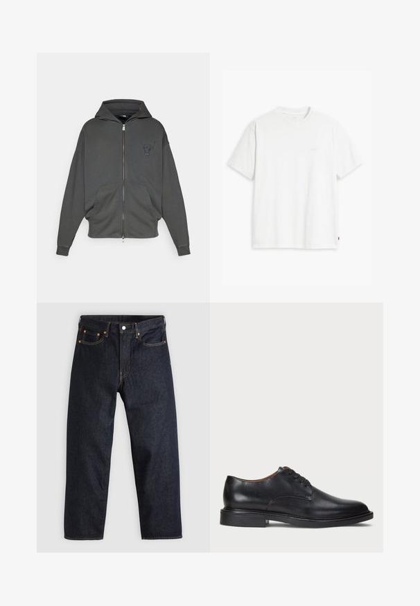 Sweatshirt cinza escuro com fecho, feito de tecido macio, apresentando um bolso canguru na frente e um logótipo de touro bordado no peito.; T-shirt de algodão branco com mangas curtas, decote redondo e logo discreto da Levi's impresso no centro. Tecido macio e ajuste padrão.; Jeans de denim azul-escuro com corte reto, cinco bolsos, costura laranja em contraste e fecho de botão. Sem padrões ou adornos visíveis.; Sapato de vestido em couro preto com bico redondo, design com atacadores e um salto baixo empilhado. Textura suave com detalhes de costura mínimos.