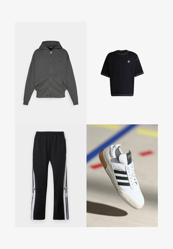 Sötét szürke, cipzáras kapucnis pulóver, puha anyagból készült, elülső kenguruzsebbel és hímzett bika logóval a mellkason.; Fekete pamut póló rövid ujjakkal. Kerek nyakkivágással és fehér varrási részletekkel rendelkezik. Kicsi fehér Adidas logó a bal mellkason.; Fekete sportnadrág fehér oldalsávokkal, elasztikus derékpánttal és logó részlettel. Simább, könnyű anyagból készült.; Fehér Adidas Mundial Goal sneaker fekete csíkokkal és gumitalppal, a levegőben egy sportpálya padlóján látható, színes vonalakkal.