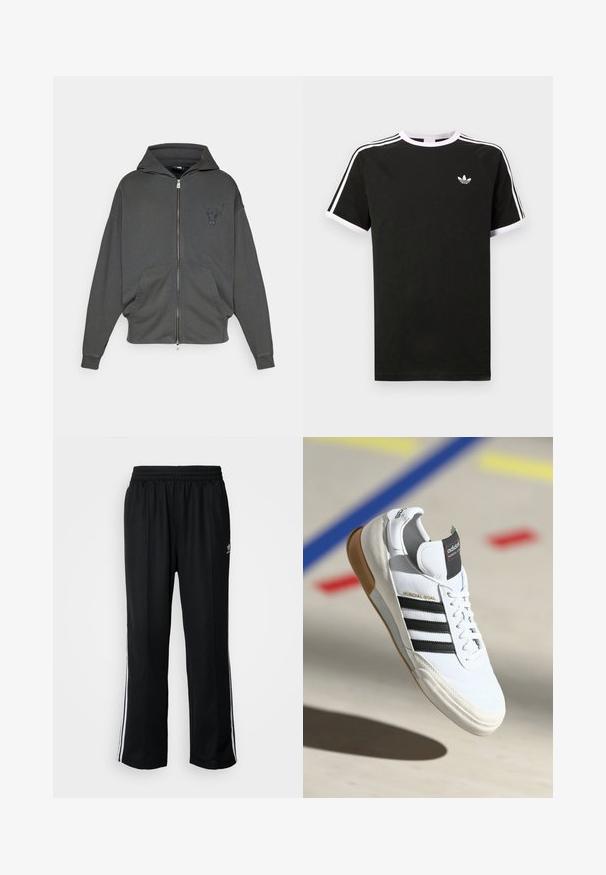Tamna siva dukserica na zatvaranje sa mekane tkanine, s prednjim kengur džeparom i izvezenim logotipom bika na prsima.; Crna majica s kratkim rukavima, izrađena od pamuka, s bijelim akcentima. Ima raglan dizajn i mali logo na prsima. Tri bijele pruge na ramenima.; Crne sportske hlače s elastičnom trakom oko struka, s bijelim bočnim prugama i malim logotipom. Materijal izgleda mekan i lagan.; Bijela Adidas Mundial Goal tenisica s crnim prugama i gumiranim potplatima, prikazana u zraku iznad sportske podloge s obojenim linijama.