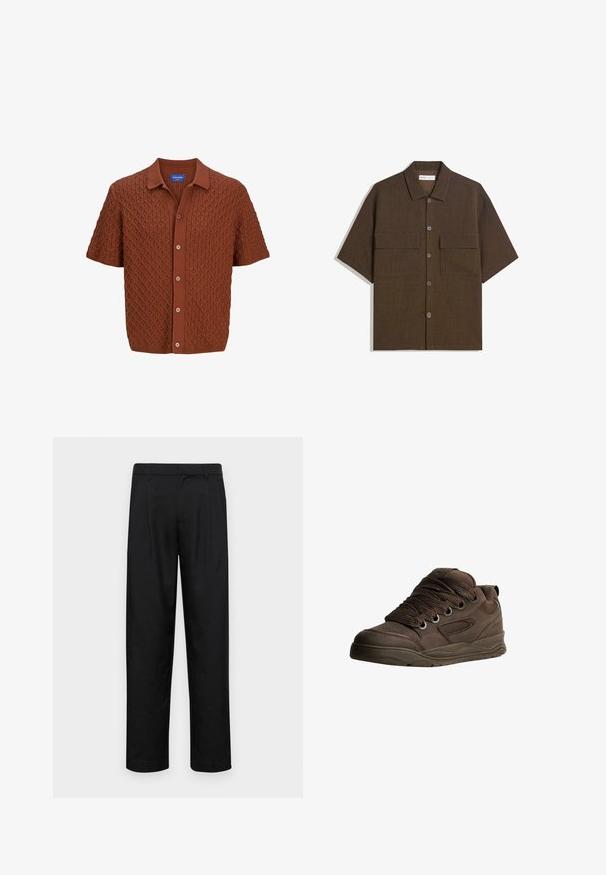 Kurzärmliges braunes Strickpolo mit einem strukturierten Rautenmuster, Knopfverschluss und klassischem Kragen. Hergestellt aus weichem Stoff.; Kurzärmliges, dunkelbraunes Hemd aus strukturiertem Stoff. Verfügt über eine Knopfleiste und zwei Brusttaschen. Lässiges Design mit entspannter Passform.; Schwarze Hose aus glattem Stoff, mit geradem Bein Design, zwei vorderen Falten und einem Standardbund mit Gürtelschlaufen.; Braune Sportschuhe aus glattem synthetischem Material. Mit dicken Schnürsenkeln, Mesh-Akzenten, gepolstertem Schaft und strukturiertem Gummisohle.
