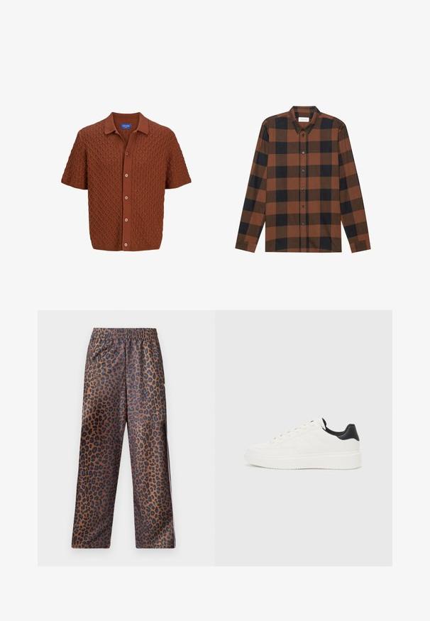 Polo en tricot marron à manches courtes, avec un motif diamant texturé, fermeture par boutons et col classique. Confectionné à partir d'un tissu doux.; Chemise à manches longues à carreaux marron et noir en tissu, avec un col à rabat et une patte de boutonnage ; présente des manches à poignets.; Pantalons en imprimé léopard avec une taille élastique. Fabriqués en tissu brillant, avec une base marron ornée de taches noires et un design à coupe ample.; Sneakers en cuir blanc avec motif embossé, semelle intermédiaire texturée blanche et accent noir au talon. Présentent une pointe arrondie et des lacets plats.
